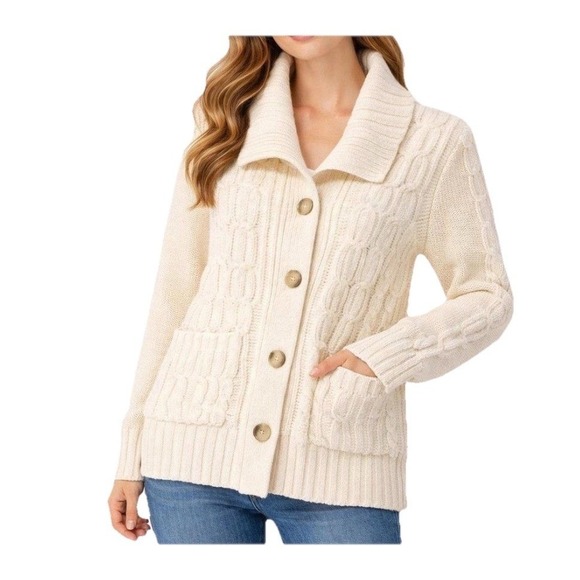 St. John's Bay Sweaters - NEW St John's Bay Women's Ivory  Cardigan Sweater Button Down Collared Size XL